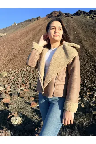 Ichki sun'iy mo'ynali sun'iy zamsh qisqa biker kurtka - och jigarrang - 7