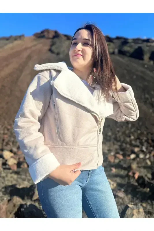 Ichki sun'iy mo'ynali sun'iy zamshdan tikilgan qisqa biker kurtka - Bej - 1