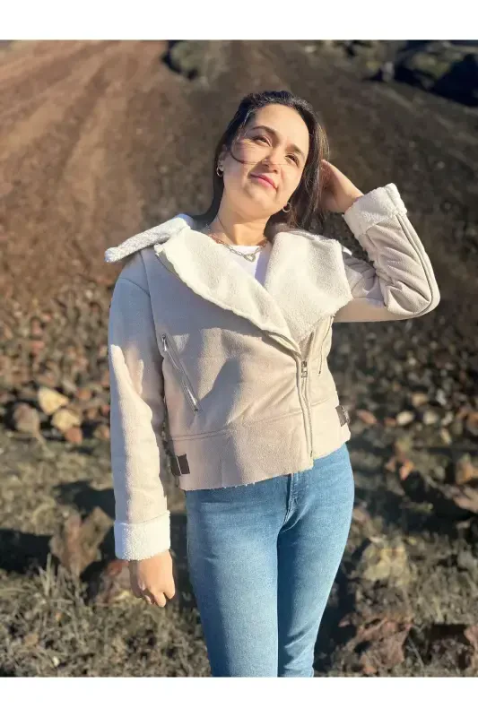 Ichki sun'iy mo'ynali sun'iy zamshdan tikilgan qisqa biker kurtka - Bej - 2