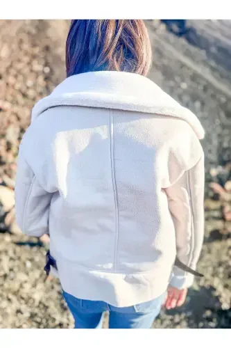 Ichki sun'iy mo'ynali sun'iy zamshdan tikilgan qisqa biker kurtka - Bej - 4