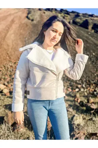 Ichki sun'iy mo'ynali sun'iy zamshdan tikilgan qisqa biker kurtka - Bej - 6