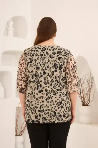 İçi Astarlı Büyük Beden Şifon Bluz Leopar - 4
