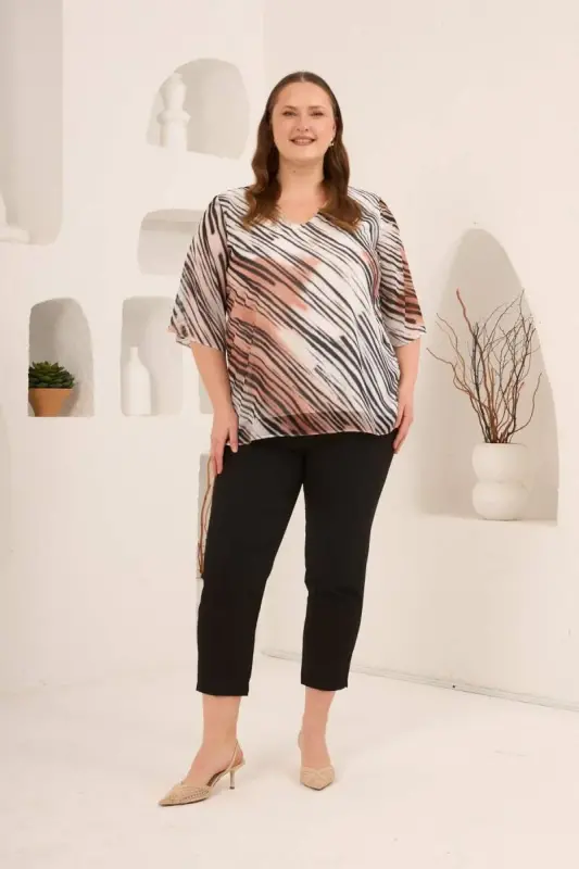 İçi Astarlı Büyük Beden Şifon Bluz Vizon - 5