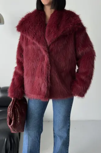 İçi Astarlı Premium bordo kürk ceket-Bordo - 5