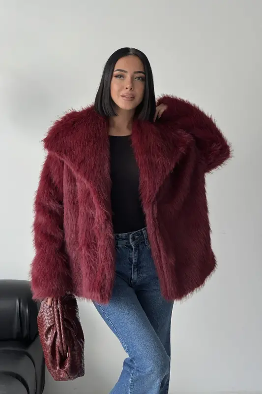 İçi Astarlı Premium bordo kürk ceket-Bordo - 1