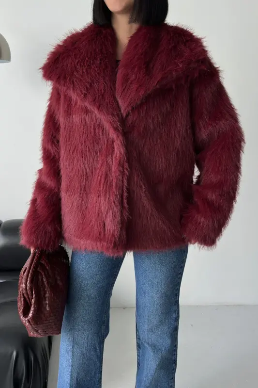 İçi Astarlı Premium bordo kürk ceket-Bordo - 5