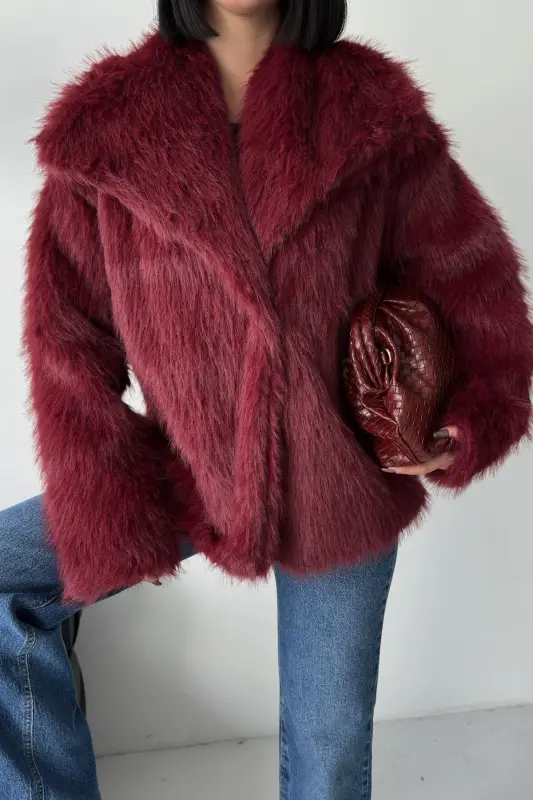 İçi Astarlı Premium bordo kürk ceket-Bordo - 6