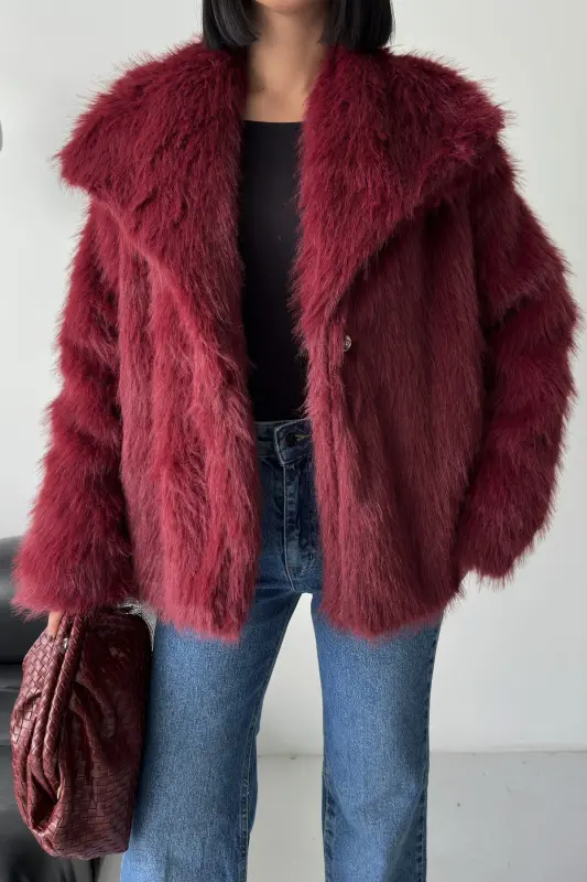 İçi Astarlı Premium bordo kürk ceket-Bordo - 7