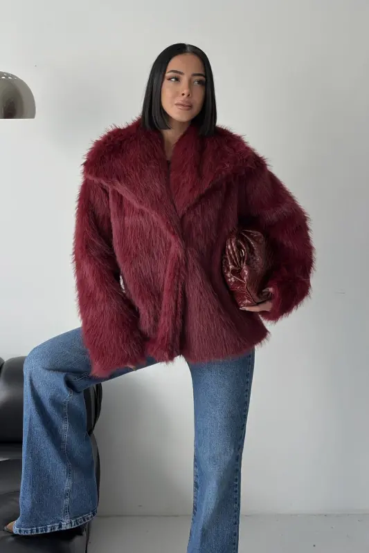 İçi Astarlı Premium bordo kürk ceket-Bordo - 3