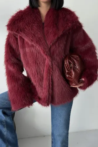 İçi Astarlı Premium bordo kürk ceket-Bordo - 6