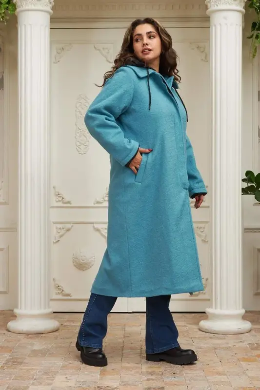 İçi Kapitone Büyük Beden Kapşonlu Turkuaz Kaban - 2