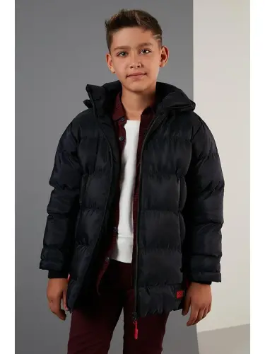 Lacivert İçi Pelüş Astarlı Çıkarılabilir Kapüşonlu Şişme Erkek Çocuk Mont 5763038-Lacivert - 3