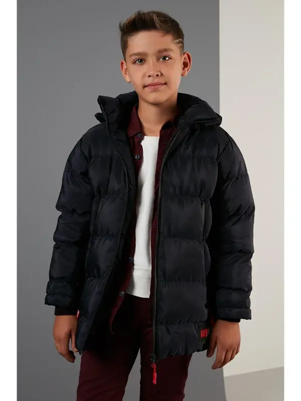 Lacivert İçi Pelüş Astarlı Çıkarılabilir Kapüşonlu Şişme Erkek Çocuk Mont 5763038-Lacivert - 3