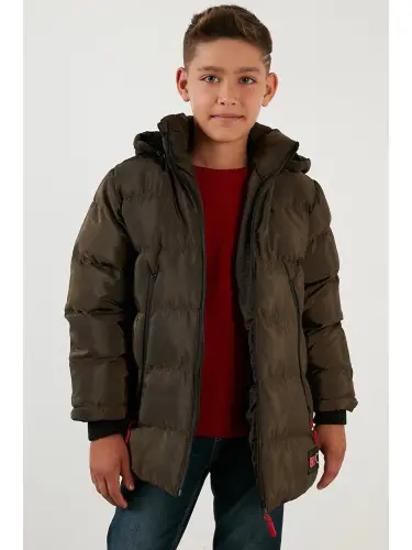 Haki İçi Pelüş Astarlı Çıkarılabilir Kapüşonlu Şişme Erkek Çocuk Mont 5763038-Haki - 4