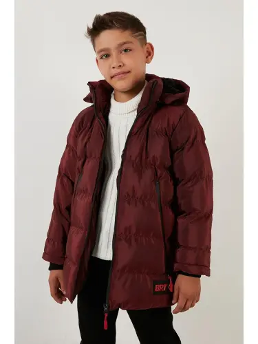 Bordo İçi Pelüş Astarlı Çıkarılabilir Kapüşonlu Şişme Erkek Çocuk Mont 5763038-Bordo - 5
