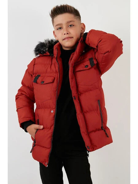 İçi Peluş Astarlı Çıkarılabilir Kapüşonlu Suya Dayanıklı Şişme Mont 5760023-Kahverengi - LELA (1)