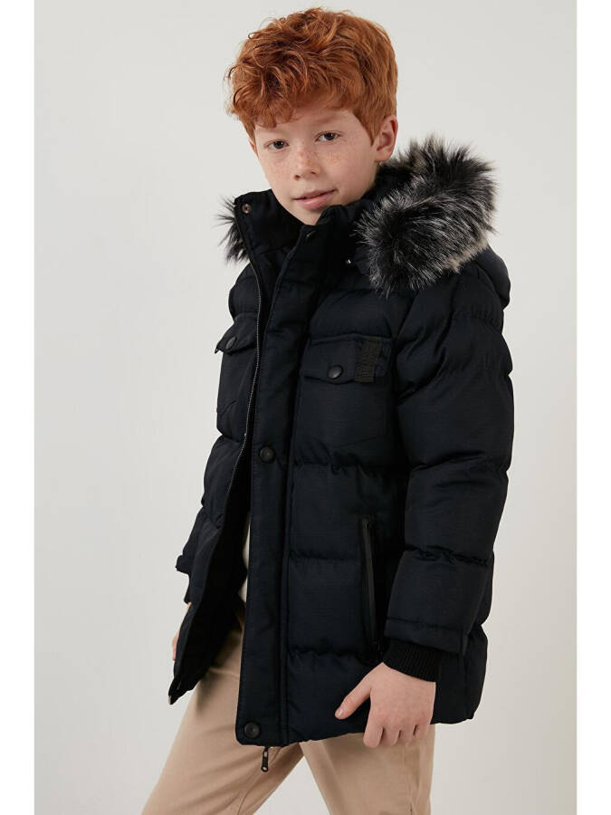 Lacivert İçi Peluş Astarlı Çıkarılabilir Kapüşonlu Suya Dayanıklı Şişme Mont 5760023-Lacivert - 3