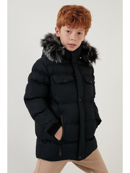 Lacivert İçi Peluş Astarlı Çıkarılabilir Kapüşonlu Suya Dayanıklı Şişme Mont 5760023-Lacivert - 4