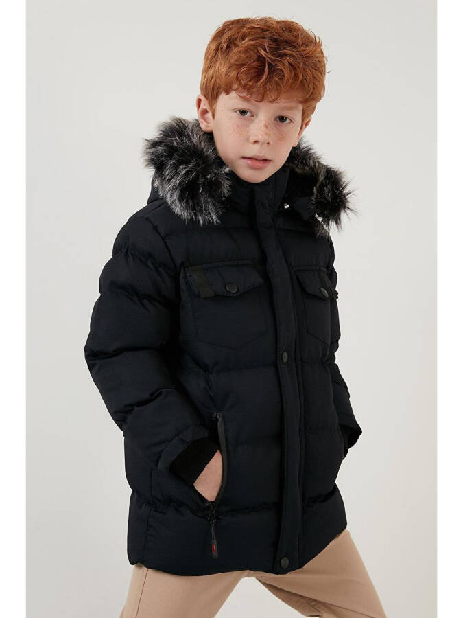 Lacivert İçi Peluş Astarlı Çıkarılabilir Kapüşonlu Suya Dayanıklı Şişme Mont 5760023-Lacivert - 4