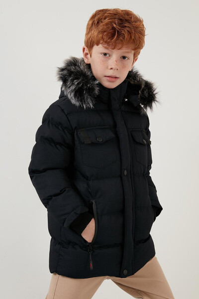 Lacivert İçi Peluş Astarlı Çıkarılabilir Kapüşonlu Suya Dayanıklı Şişme Mont 5760023-Lacivert - 22