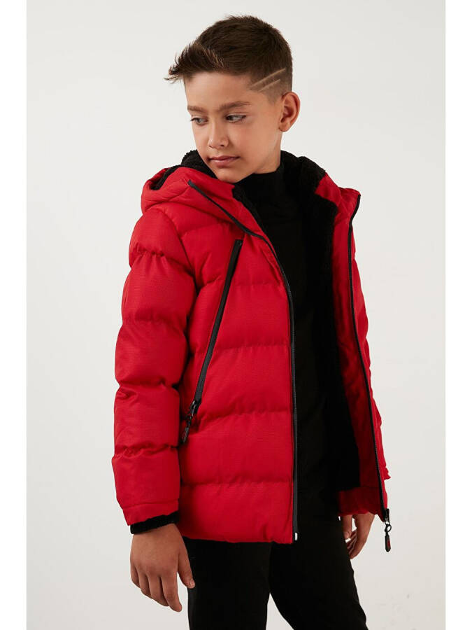 Kırmızı Peluş Astarlı Fermuarlı Cepli Kapüşonlu Şişme Mont 5760040-Kırmızı - 10