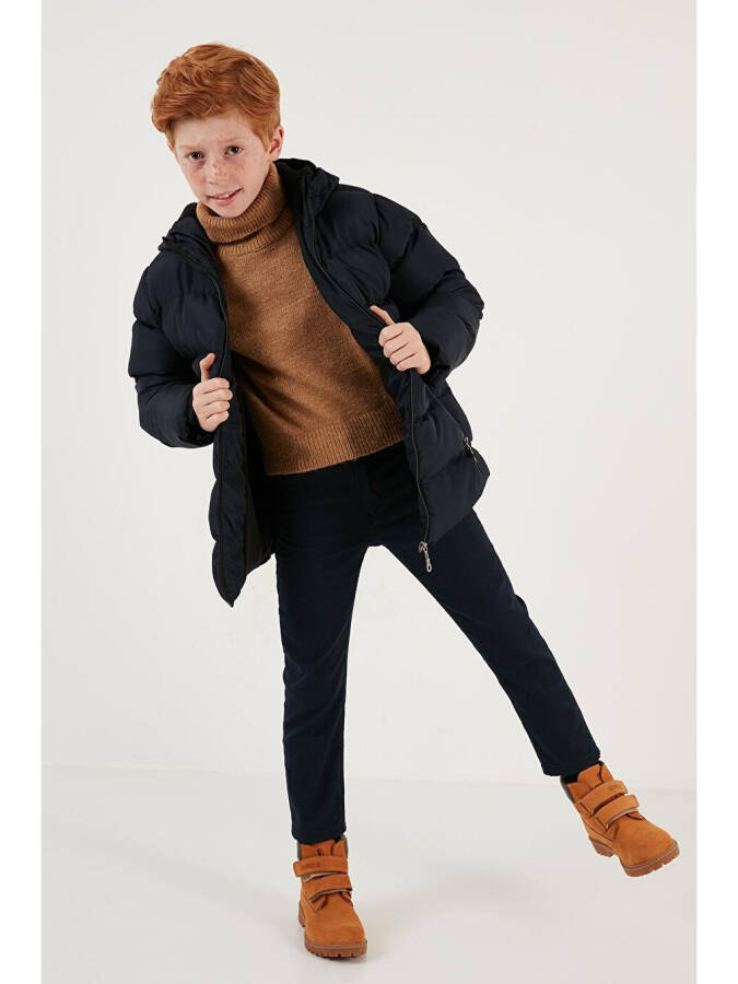 Lacivert Peluş Astarlı Kapüşonlu Cepli Kışlık Mont 5761911-Lacivert - 8