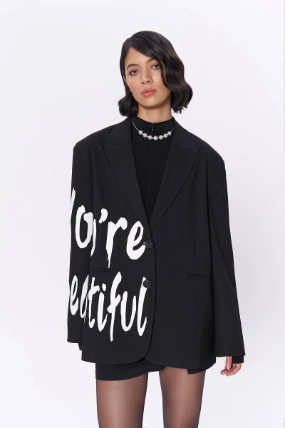 İçi Şal Desenli Yazılı Blazer Ceket Siyah - QUZU