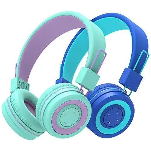 iClever [2 Pack BTH02 Kids Bluetooth Headphones for School with MIC, 85dBA Volume Protection, Adjustable Foldable,for iPad/Tablet/Airplane, Green/Blue - MODAZONE