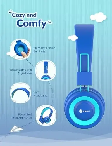 iClever [2 Pack BTH02 Kids Bluetooth Headphones for School with MIC, 85dBA Volume Protection, Adjustable Foldable,for iPad/Tablet/Airplane, Green/Blue - 3