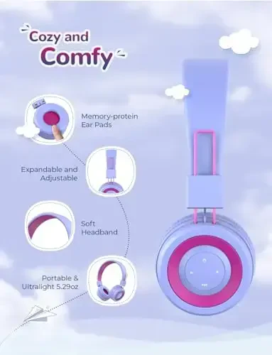 iClever BTH02 Kids Bluetooth Headphones, 93H Playtime, Foldable, Adjustable Headband, Bluetooth 5.4, Kids Wireless Headphones with Microphone for IPad/Tablet/School/Travel, Purple - 5