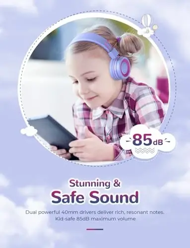 iClever BTH02 Kids Bluetooth Eshitish vositasi, 93H ijro vaqti, TypeC tez zaryadlash, buklanadigan, sozlanishi bosh bandi, Bluetooth 5.4, mikrofonli simsiz bolalar uchun quloqchinlar iPad/planshet/maktab/sayohat, binafsha - 2