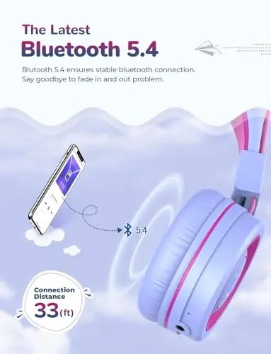 iClever BTH02 Kids Bluetooth Eshitish vositasi, 93H ijro vaqti, TypeC tez zaryadlash, buklanadigan, sozlanishi bosh bandi, Bluetooth 5.4, mikrofonli simsiz bolalar uchun quloqchinlar iPad/planshet/maktab/sayohat, binafsha - 3