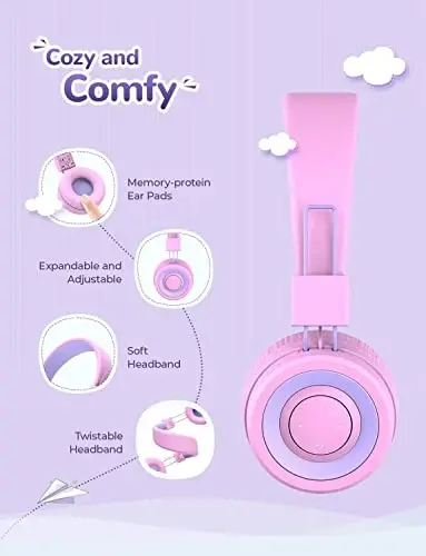 iClever BTH02 Kids Bluetooth naushniklari, 93 soatlik tinglash vaqti, yengil, buklanadigan, teksturali ovoz, Type C tez zaryadlash, Bluetooth 5.4, IPad planshet maktabi uchun mikrofonli simsiz bolalar naushniklari, pushti - 3