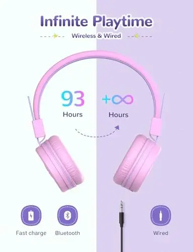 iClever BTH02 Kids Bluetooth naushniklari, 93 soatlik tinglash vaqti, yengil, buklanadigan, teksturali ovoz, Type C tez zaryadlash, Bluetooth 5.4, IPad planshet maktabi uchun mikrofonli simsiz bolalar naushniklari, pushti - 5