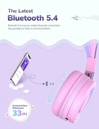 iClever BTH02 Kids Bluetooth naushniklari, 93 soatlik tinglash vaqti, yengil, buklanadigan, teksturali ovoz, Type C tez zaryadlash, Bluetooth 5.4, IPad planshet maktabi uchun mikrofonli simsiz bolalar naushniklari, pushti - 6
