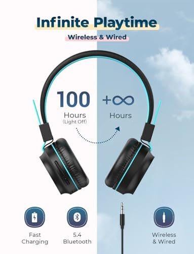 iClever BTH03 Bolalar uchun Bluetooth Quloqchinlari Xavfsiz Ovoz Balandligi, Rangli LED Yoritish, 25 soat O'ynash Vaqti, Stereo Ovoz Mikrofoni, Bluetooth 5.0, Katlanuvchan, Quloq Ustida Bolalar Simsiz Quloqchin Planshet Uchun (Qora) - iClever