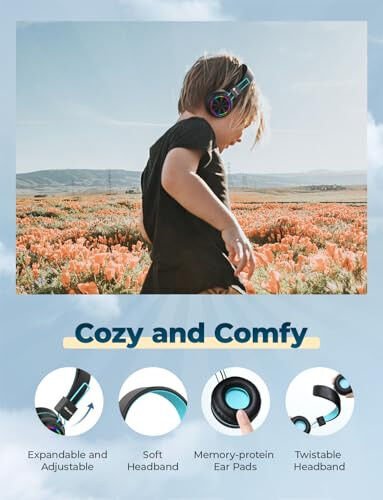 iClever BTH03 Bolalar uchun Bluetooth Quloqchinlari Xavfsiz Ovoz Balandligi, Rangli LED Yoritish, 25 soat O'ynash Vaqti, Stereo Ovoz Mikrofoni, Bluetooth 5.0, Katlanuvchan, Quloq Ustida Bolalar Simsiz Quloqchin Planshet Uchun (Qora) - 5