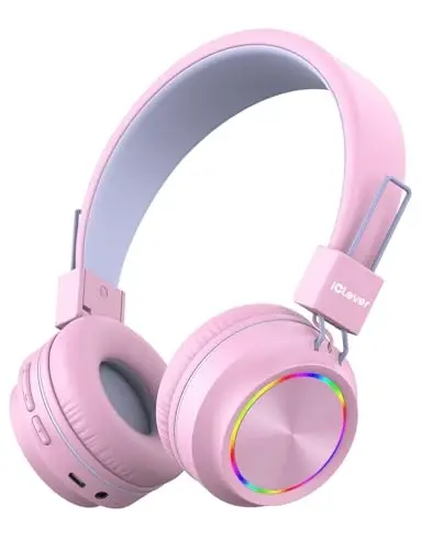 iClever BTH03 Kids Bluetooth Headphones, Colorful LED Lights, 35H Playtime, Bluetooth 5.4, Type C Fast Charging, Safe Volume, Stereo Sound Mic, On Ear Kids Wireless Headphones for iPad Airplane, Pink - 1