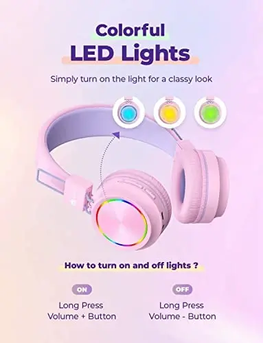 iClever BTH03 Kids Bluetooth Headphones, Colorful LED Lights,35H Playtime, Bluetooth 5.4, Type C Fast Charging, Stereo Sound Mic,On Ear Kids Wireless Headphones for iPad Airplane (Blue&Pink, 2 Pack) - 4