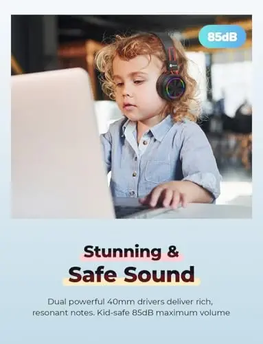 iClever BTH03 Kids Bluetooth Headphones, Colorful LED Lights, 35H Playtime, Bluetooth 5.4,Type C Fast Charging, Safe Volume, Stereo Sound Mic,On Ear Kids Wireless Headphones for iPad Airplane (Shade) - 3