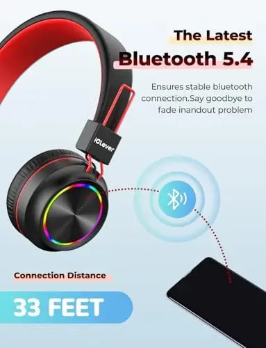 iClever BTH03 Kids Bluetooth Headphones, Colorful LED Lights, 35H Playtime, Bluetooth 5.4,Type C Fast Charging, Safe Volume, Stereo Sound Mic,On Ear Kids Wireless Headphones for iPad Airplane (Shade) - 4
