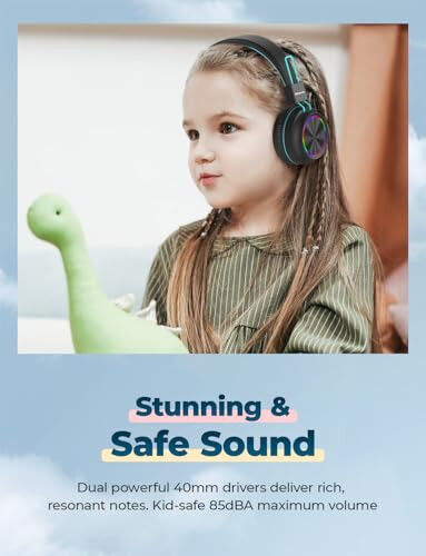 iClever BTH03 Kids Bluetooth Headphones, Colorful LED Lights, 35H Playtime, Bluetooth 5.4,Type C Fast Charging, Safe Volume, Stereo Sound Mic,On Ear Kids Wireless Headphones for iPad Airplane (Black) - 3