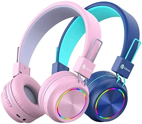 iClever BTH03 Kids Bluetooth Eshitish vositalari, Rangli LED chiroqlar, 35 soatlik musiqa, Bluetooth 5.4, Type C tez zaryadlash, Stereo Sound Mic, iPad samolyoti uchun quloqchinli simsiz bolalar eshitish vositalari (Moviy va Pushti, 2 dona) - 1