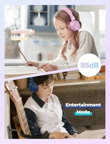 iClever BTH03 Kids Bluetooth Eshitish vositalari, Rangli LED chiroqlar, 35 soatlik musiqa, Bluetooth 5.4, Type C tez zaryadlash, Stereo Sound Mic, iPad samolyoti uchun quloqchinli simsiz bolalar eshitish vositalari (Moviy va Pushti, 2 dona) - 2