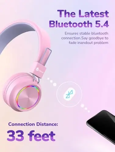 iClever BTH03 Kids Bluetooth Eshitish vositasi, Rangli LED chiroqlar, 35 soatlik ijro etish vaqti, Bluetooth 5.4, C turidagi tez zaryadlash, Xavfsiz ovoz, Stereo Sound Mic, iPad samolyoti uchun quloqchinli simsiz naushniklar, pushti - 3