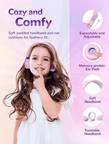 iClever BTH03 Kids Bluetooth Eshitish vositasi, Rangli LED chiroqlar, 35 soatlik ijro etish vaqti, Bluetooth 5.4, C turidagi tez zaryadlash, Xavfsiz ovoz, Stereo Sound Mic, iPad samolyoti uchun quloqchinli simsiz naushniklar, pushti - 4