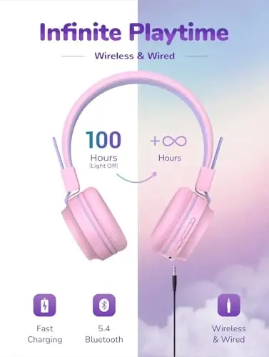 iClever BTH03 Kids Bluetooth Eshitish vositasi, Rangli LED chiroqlar, 35 soatlik ijro etish vaqti, Bluetooth 5.4, C turidagi tez zaryadlash, Xavfsiz ovoz, Stereo Sound Mic, iPad samolyoti uchun quloqchinli simsiz naushniklar, pushti - 5