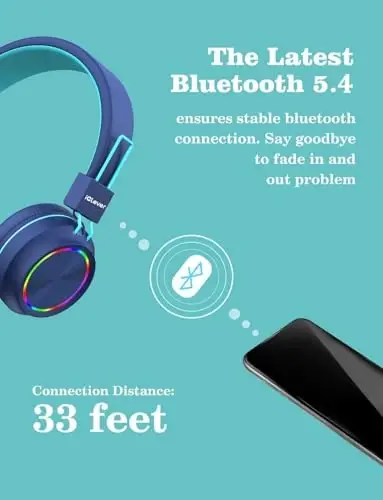 iClever BTH03 Kids Bluetooth Headphones, Colorful LED Lights, 35H Playtime, Bluetooth 5.4, Type C Fast Charging, Safe Volume, Stereo Sound Mic, On Ear Kids Wireless Headphones for iPad Airplane, Blue - 4