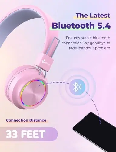 iClever BTH03 Kids Bluetooth Headphones, Colorful LED Lights,35H Playtime, Bluetooth 5.4, Type C Fast Charging, Stereo Sound Mic,On Ear Kids Wireless Headphones for iPad Airplane (Blue&Pink, 2 Pack) - 6