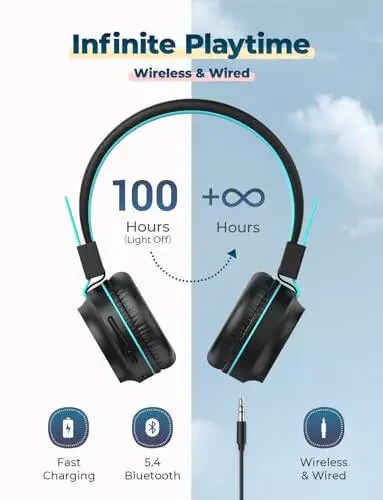 iClever BTH03 Kids Bluetooth Headphones Safe Volume, Colorful LED Lights, 25H Playtime, Stereo Sound Mic, Bluetooth 5.0, Foldable, On Ear Kids Wireless Headphones for Tablet (Black) - 1